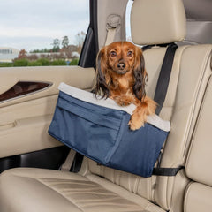 Solvit Product PetSafe Happy Ride Booster Seat – Raised Dog Travel Seat – Installs on Car Seats with a Headrest – Safety Tether – Machine Washable – Folds Flat for Storage, Navy