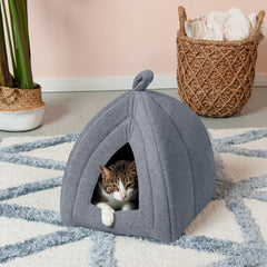 Furhaven Cat Bed Cave for Indoor Cats & Small Dogs, Washable & Foldable w/ Removable Cushion - Polar Fleece Pet Tent - Heather Gray, Small