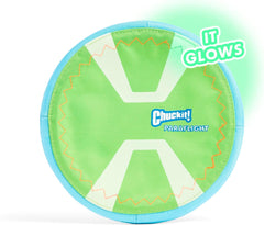 Chuckit! Max Glow Paraflight Flying Disc Dog Toy - Water Floating Flyer - Durable Nylon Construction with Soft Rubber Edges - For Medium and Large Dogs