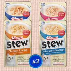 INABA Churu Stew for Cats, Broth Gelée with Shredded Chicken Side Dish Pouch with Vitamin E, 1.4 Ounces per Pouch, 12 Pouches, Chicken & Seafood Variety