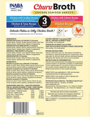 INABA Churu Broth for Cats, Creamy Broth with Shredded Chicken Side Dish Pouch, 1.4 Ounces per Pouch, 12 Pouches, Chicken & Seafood Variety