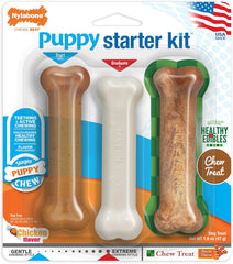 Nylabone New Puppy Starter Kit, 2 Chew Toys and 1 Natural Treat for Puppies, Bacon & Chicken Flavor