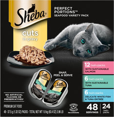 Sheba Perfect Portions Wet Cat Food Cuts in Gravy Variety Pack, Sustainable Salmon, Sustainable Tuna, and Delicate White Fish & Tuna Entree 2.6-oz(Pack of 24)