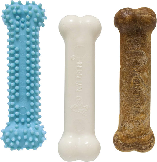 Nylabone Puppy Chew Toys & Natural Treat Triple Pack, Blue, Chicken & Bacon Flavor
