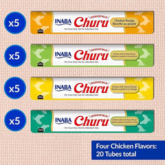 INABA Churu Cat Treats, Lickable, Squeezable Creamy Purée Cat Treat with Green Tea Extract & Taurine, 0.5 Ounces Each Tube, 20 Tubes, Tuna Variety Box
