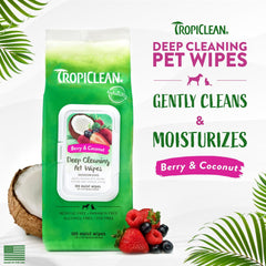 TropiClean Dog Wipes for Paws, Butt, Face, and Body, Anytime Cleaning and Deodorizing Pet Wipes, Safe for Licking, Berry Scent, Cat Safe 100 count