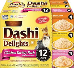INABA Dashi Delights for Cats, Shredded Chicken with Bonito Flake Broth, 2.5 Ounce Cup, 12 Cups Total, Chicken Variety