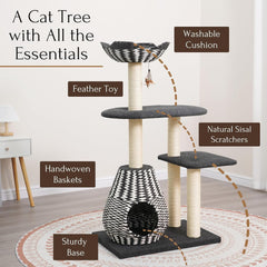 PetPals Ace 4-Level Multi-Activity Cat Tree with Felt Perches, Handwoven Recycled Paper Rope Condo, Sisal Scratching Posts, Feather Teaser Toy, Eco-Friendly & Stylish Cat Furniture, Black & White