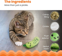Petstages Catstages Crunchy Pickle Kicker Toy with Catnip and Dental Mesh, Pickle Shape, Plush and Crinkle Cat Toy for Kicking, Tossing, and Teeth Cleaning, Green