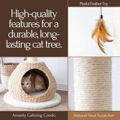 Petpals 28" High 2 Level Handwoven Paper Rope Nest Cat Bed and Large Handwoven Basket Hideaway with Washable Cushions,Replacement Natural Sisal Scratching Post for Indoor Cats