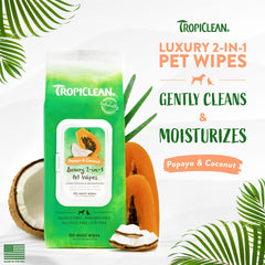 TropiClean Dog Wipes for Paws, Butt, Face, and Body, Anytime Cleaning and Deodorizing Pet Wipes
