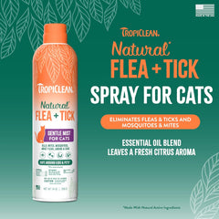 TropiClean Cat Flea and Tick Treatment Spray, Continuous Gentle Mist, Prevent & Control by Contact, Powerful & Natural Defense 14 oz