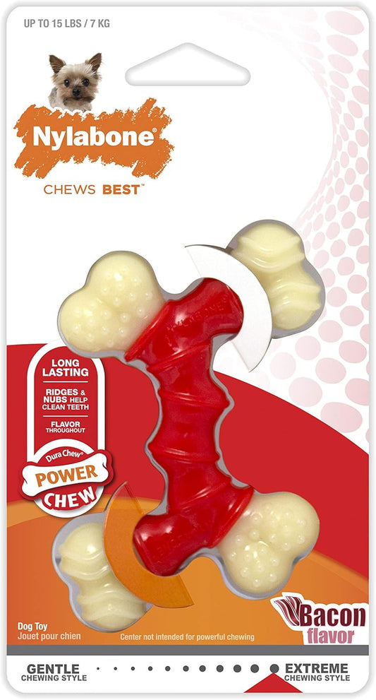 Nylabone Double Bone Power Chew Toy for Dogs, Dog Toys for Aggressive Chewers, Bacon Flavor, X-Small