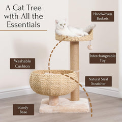 PetPals 3 Level Handwoven Paper Rope Cat Basket Bed and Perch with Scratching Post, Washable, Removeable Curshions, Playful Toy, for Indoor Cat, Light Brown