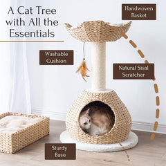 Petpals 28" High 2 Level Handwoven Paper Rope Nest Cat Bed and Large Handwoven Basket Hideaway with Washable Cushions,Replacement Natural Sisal Scratching Post for Indoor Cats