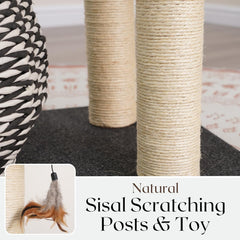 PetPals Ace 4-Level Multi-Activity Cat Tree with Felt Perches, Handwoven Recycled Paper Rope Condo, Sisal Scratching Posts, Feather Teaser Toy, Eco-Friendly & Stylish Cat Furniture, Black & White