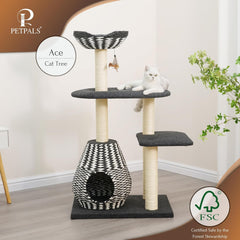 PetPals Ace 4-Level Multi-Activity Cat Tree with Felt Perches, Handwoven Recycled Paper Rope Condo, Sisal Scratching Posts, Feather Teaser Toy, Eco-Friendly & Stylish Cat Furniture, Black & White