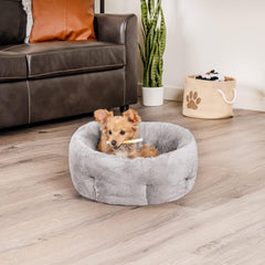Furhaven 20" Round Self-Warming Pet Bed for Indoor Cats & Small Dogs, 100% Washable, For Pets Up to 20 lbs - Hi Lo Plush Luxe Faux Fur Cuddler - Gray, Small
