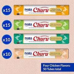 INABA Churu Cat Treats, Grain-Free, Lickable, Squeezable Creamy Purée Cat Treat/Topper with Vitamin E & Taurine, 0.5 Ounces Each Tube, 50 Tubes, Tuna & Chicken Variety