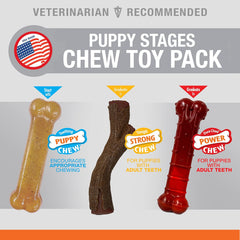 Nylabone Puppy Stages Dog Chew Toy Pack - Puppy Chew Toys for Teething and Chewing - Puppy Supplies - Chicken, Maple Bacon, and Beef Jerky Flavors, Medium/Wolf