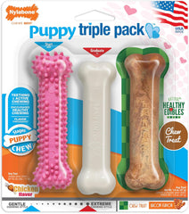 Nylabone Puppy Chew Toys & Natural Treat Triple Pack, Pink, Chicken & Bacon Flavor