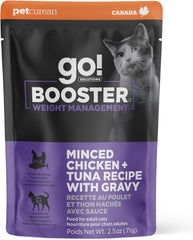 Go! Solutions Booster Weight Management, Grain-Free Wet Cat Food Topper, Minced Chicken and Tuna in Gravy, 2.5 oz Pouch (Pack of 12)