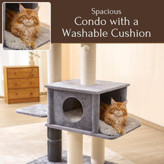 PetPals 57” Grand Maine Coon™ Cat Tree – Lulu, with Extra Large Condo, Removable Top Bed, Thick Sisal Scratching Posts, Full Body Grooming Brush (Gray)