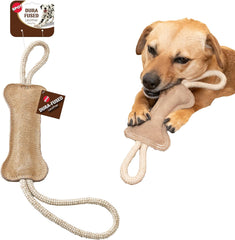 SPOT Dura-Fused Leather Bone Tug Dog Toy – Real Leather & Jute Fabric, Double-Stitched & Durable, Squeaky Interactive Tug Toy with Double Rope Handle for Moderate Chewers, Soft Stuffed Fetch Toy, 18in