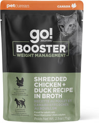Go! Solutions Booster Weight Management, Grain-Free Wet Cat Food Topper, Shredded Chicken and Duck in Broth, 2.5 oz Pouch (Pack of 12)