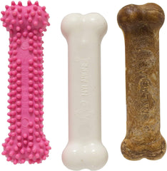 Nylabone Puppy Chew Toys & Natural Treat Triple Pack, Pink, Chicken & Bacon Flavor