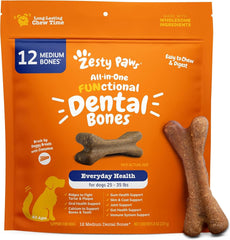 Zesty Paws Dental Bones - Fights Tartar & Plaque - Gum, Teeth & Bone Health - Cinnamon for Dog Breath - Immune, Joint, Gut, Skin & Coat Support - Omega 3 EPA & DHA and Calcium - Medium Dogs - 12 ct…