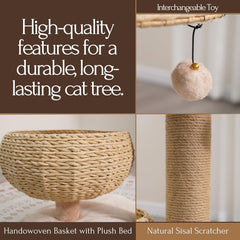 PetPals 3 Level Handwoven Paper Rope Cat Basket Bed and Perch with Scratching Post, Washable, Removeable Curshions, Playful Toy, for Indoor Cat, Light Brown