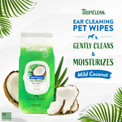 TropiClean Dog Ear Wipes, Dog Ear Cleaner, Soothing Itch Relief, Gently Removes Wax and Debris, Odor Eliminating, Safe for Daily Use, Cat Safe 50 ct