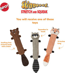 SPOT Skinneeez Stretch and Squeak Dog Toy - Stuffing-Free Stretchy Toy with Crinkle and Squeaker, Fun for Dogs to Tug and Fetch, Assorted Animal Characters - Beaver, Raccoon, or Fox 1 ea