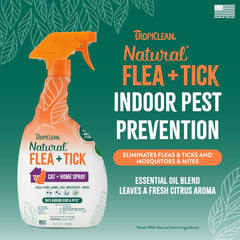 TropiClean Flea and Tick Treatment Spray for Cats & Home, Safely Treat, Prevent & Control by Contact, Powerful & Natural Defense 32 oz