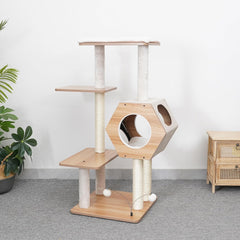 Petpals 44" High 5 Level Minimalist Large Cat Tower with Wooden Condo and Platforms, Natural Sisal Scratching Posts, Playful Toys,for Adult Cats (Beige)