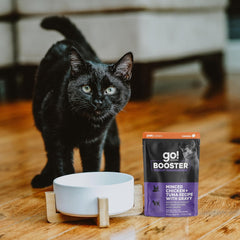 Go! Solutions Booster Weight Management, Grain-Free Wet Cat Food Topper, Minced Chicken and Tuna in Gravy, 2.5 oz Pouch (Pack of 12)