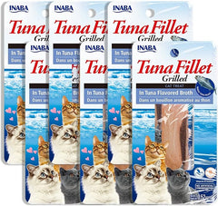 INABA Premium Hand-Cut Grilled Tuna Fillet Cat Treats/Topper with Vitamin E and Green Tea Extract, 0.52 Ounces Each, Pack of 6, Tuna Broth