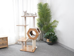 Petpals 44" High 5 Level Minimalist Large Cat Tower with Wooden Condo and Platforms, Natural Sisal Scratching Posts, Playful Toys,for Adult Cats (Beige)