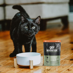 Go! Solutions Booster Weight Management, Grain-Free Wet Cat Food Topper, Shredded Chicken and Duck in Broth, 2.5 oz Pouch (Pack of 12)