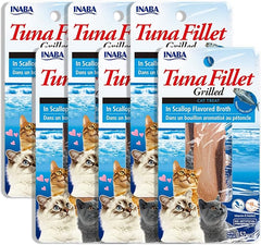 INABA Premium Hand-Cut Grilled Tuna Fillet Cat Treats/Topper with Vitamin E and Green Tea Extract, 0.52 Ounces Each, Pack of 6, Scallop Broth