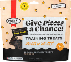 Primal Beef Jerky Dog Treats Made with Beef Bone Broth, Give Pieces a Chance, Training Treat for Dogs, 4 oz