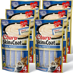 INABA Churu Lickable Purée Natural Cat Treats for Skin and Coat with Omega Oils, Taurine and Vitamin E, 0.5 Ounces Each, 24 Tubes (Four Per Package), Tuna Recipe
