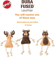 SPOT Dura-Fused Leather Forest Animals - Dog Toy with Squeaker and Rope Limbs, Real Leather and Jute Chew Toy, Durable No-Stuffing Toy For Light to Moderate Chewers - 14in, Assorted Styles, 1 Piece