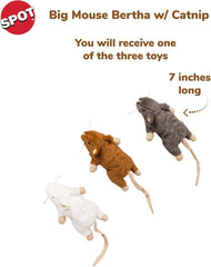 SPOT Big Mouse Bertha with Catnip - Lifelike Cat Toy, Fuzzy Mice with Catnip and Crinkle Sound, Large Size for Cuddling, Chasing, Playing - 7in Plush Toys, Assorted Colors