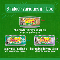 Purina Friskies Indoor Cat Food 24ct VP - (Chicken and Turkey Casserole, Saucy Seafood Bake, Homestyle Turkey Dinner) - (Pack of 24) 5.5 oz. Cans
