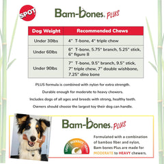 SPOT Bam-Bones Plus T Bone - Bamboo Fiber & Nylon, Durable Long Lasting Dog Chew for Aggressive Chewers – Great Toy for Adult Dogs & Teething Puppies Under 30lbs, Non-Splintering, 4in, Beef Flavor