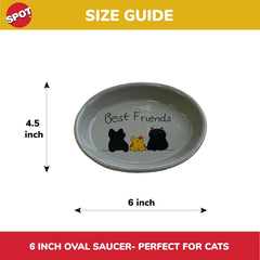 SPOT Best Friends Oval Cat Food Dish - Ceramic Plate with Low Edges, Saucer with Whisker-Friendly Shape and Low Profile Sides, Ideal for Wet or Dry Cat Food, Dishwasher Safe, 6in, Light Grey