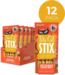 Tiki Cat Stix Mousse Treats, Single Serve Indulgent Lickable Treat or Dry Food Topper, with Salmon in Creamy Gravy, 3 oz. Pouch (Pack of 6)