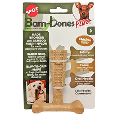 SPOT Bam-Bones Plus T-Bone, Bamboo Fiber & Nylon Dog Chew, Durable for Aggressive Chewers, Non-Splintering, for Adult Dogs & Teething Puppies Under 60lbs, Chicken Flavor